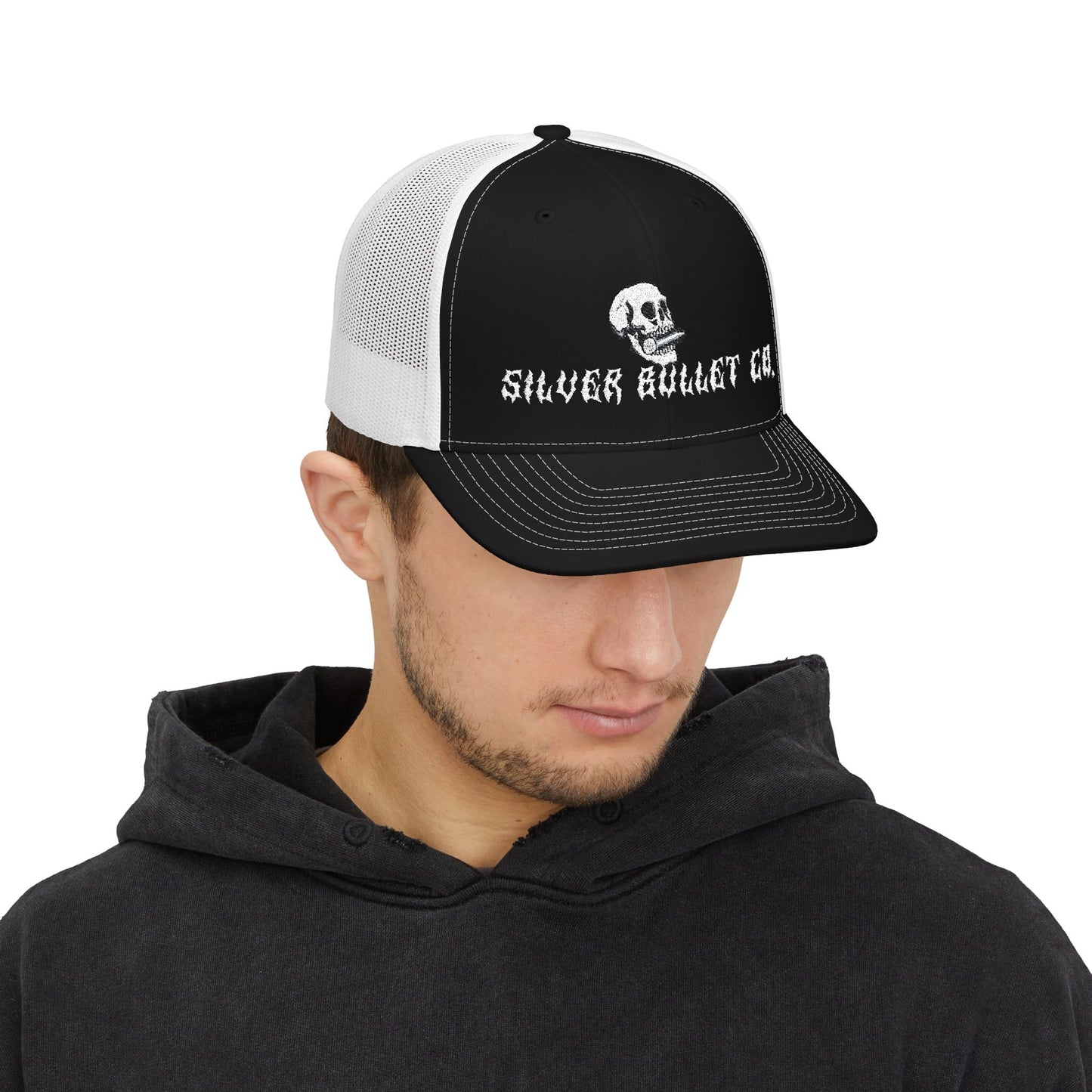 Embroidered Trucker Cap — Silver Bullet Co. Skull Logo