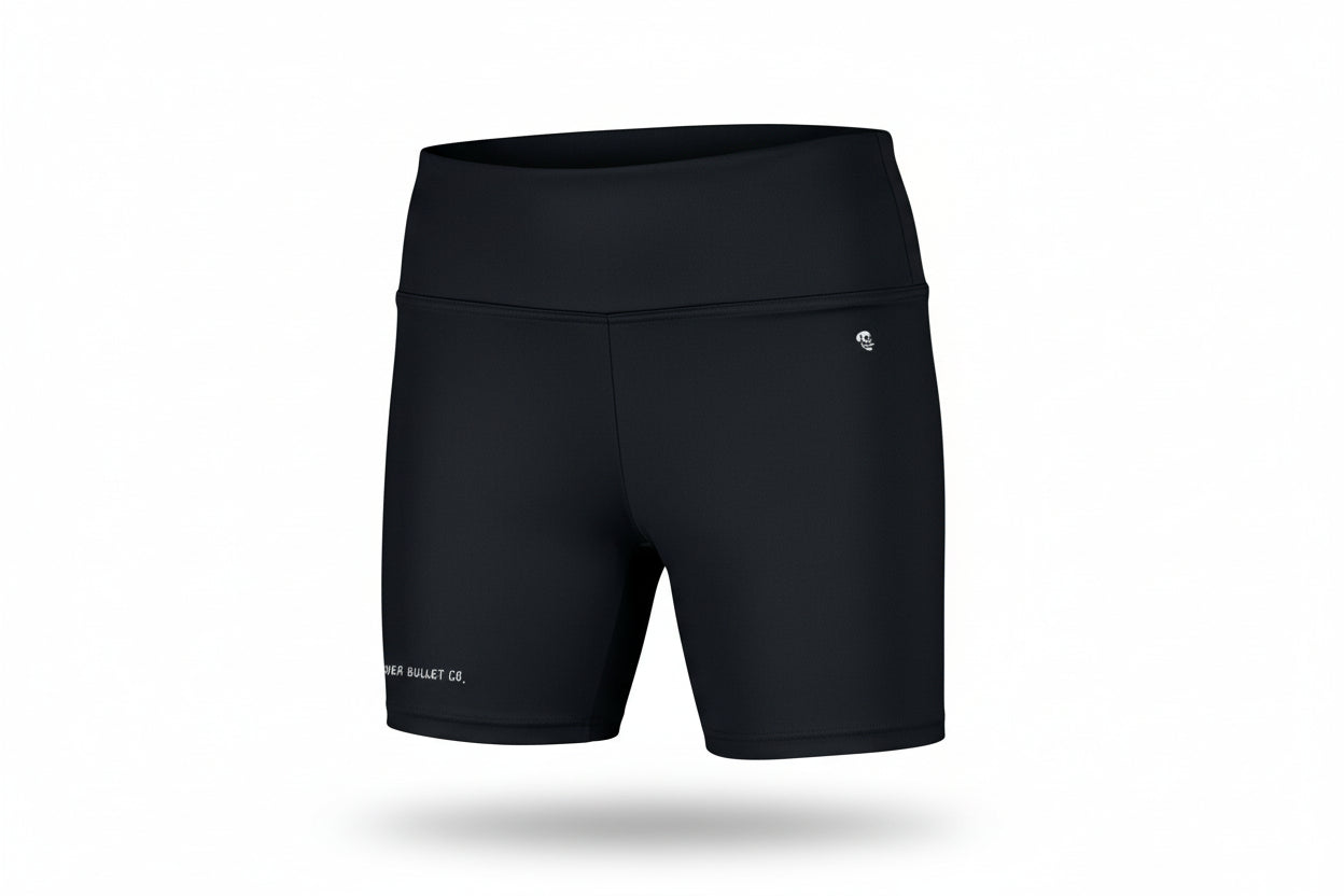 Women's Black High-Waist Workout Shorts — Silver Bullet Co. Logo